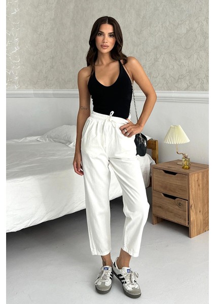 Gabardin %100 Pamuk Rahat Kalıp Ekru Yüksek Bel Düz Paça Kadın Pantolon fırsatları