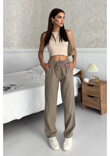 Yüksek Bel Bağcıklı %100 Pamuk Rahat Kalıp Vizon Düz Paça Kadın Pantalon
