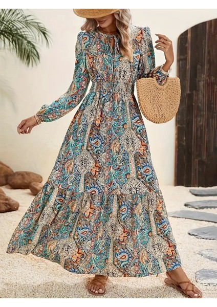 Kadın Uzun Kollu Uakadabağcıklı Beli Lastikli Desenli Uzun Süprem Elbise fırsatları