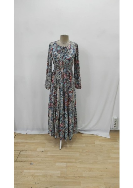 Kadın Uzun Kollu Uakadabağcıklı Beli Lastikli Desenli Uzun Süprem Elbise