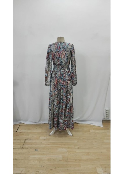 Kadın Uzun Kollu Uakadabağcıklı Beli Lastikli Desenli Uzun Süprem Elbise