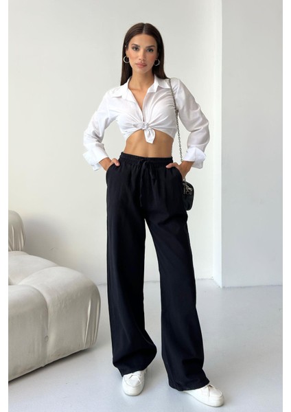 Gabardin %100 Pamuk Yüksel Bel Siyah Bol Paça Palazzo Pantolon
