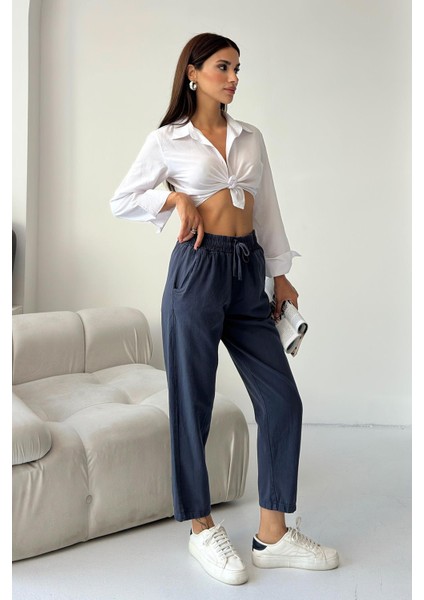 Gabardin %100 Pamuk Rahat Kalıp Füme Yüksek Bel Düz Paça Kadın Pantolon modelleri