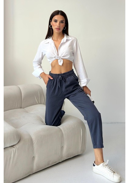 Gabardin %100 Pamuk Rahat Kalıp Füme Yüksek Bel Düz Paça Kadın Pantolon fırsatları