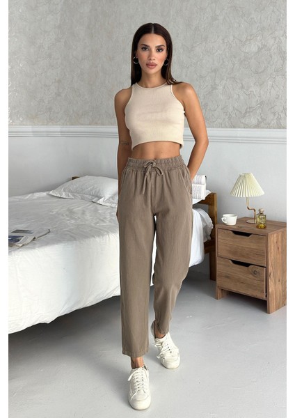 Gabardin %100 Pamuk Rahat Kalıp Vizon Yüksek Bel Düz Paça Kadın Pantolon fırsatları