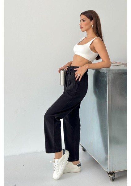 Yüksek Bel Bağcıklı %100 Pamuk Rahat Kalıp Siyah Düz Paça Kadın Pantalon fırsatları