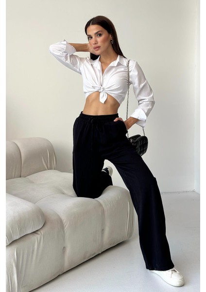 Gabardin %100 Pamuk Yüksel Bel Siyah Bol Paça Palazzo Pantolon fiyatları