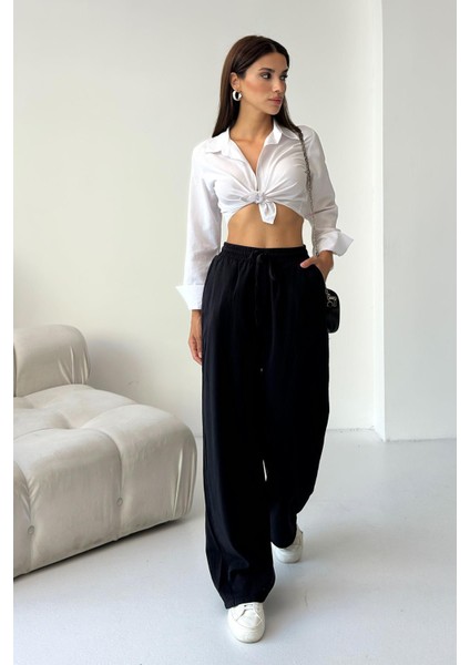 Gabardin %100 Pamuk Yüksel Bel Siyah Bol Paça Palazzo Pantolon modelleri