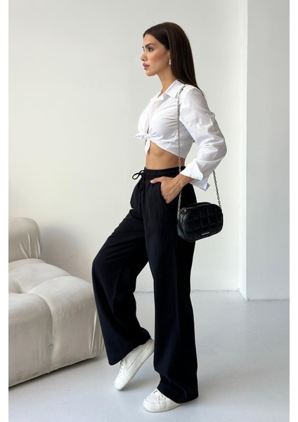 Gabardin %100 Pamuk Yüksel Bel Siyah Bol Paça Palazzo Pantolon fırsatları