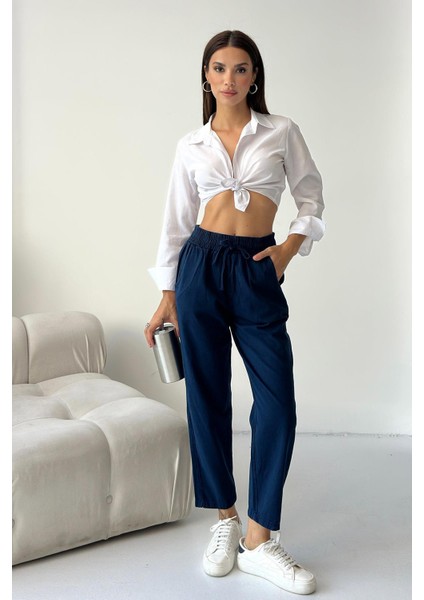 Gabardin %100 Pamuk Rahat Kalıp Lacivert Yüksek Bel Düz Paça Kadın Pantolon