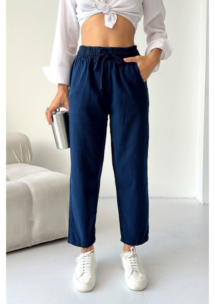 Gabardin %100 Pamuk Rahat Kalıp Lacivert Yüksek Bel Düz Paça Kadın Pantolon fiyatları