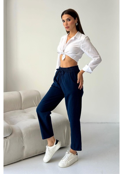 Gabardin %100 Pamuk Rahat Kalıp Lacivert Yüksek Bel Düz Paça Kadın Pantolon modelleri
