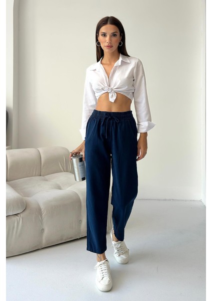 Gabardin %100 Pamuk Rahat Kalıp Lacivert Yüksek Bel Düz Paça Kadın Pantolon fırsatları