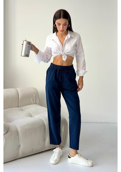 Gabardin %100 Pamuk Rahat Kalıp Lacivert Yüksek Bel Düz Paça Kadın Pantolon indirimleri