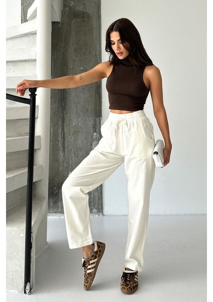 Yüksek Bel Bağcıklı %100 Pamuk Rahat Kalıp Ekru Düz Paça Kadın Pantalon fiyatları