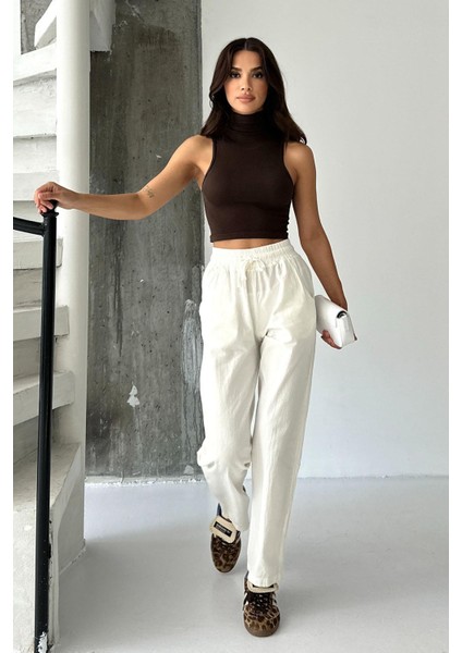 Yüksek Bel Bağcıklı %100 Pamuk Rahat Kalıp Ekru Düz Paça Kadın Pantalon modelleri