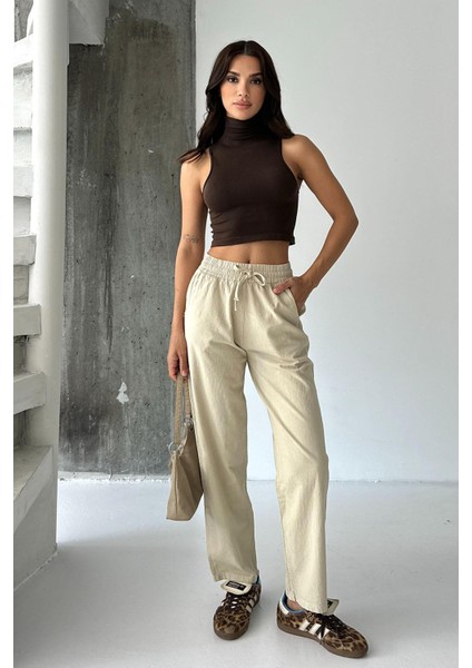 Yüksek Bel Bağcıklı %100 Pamuk Rahat Kalıp Bej Düz Paça Kadın Pantalon