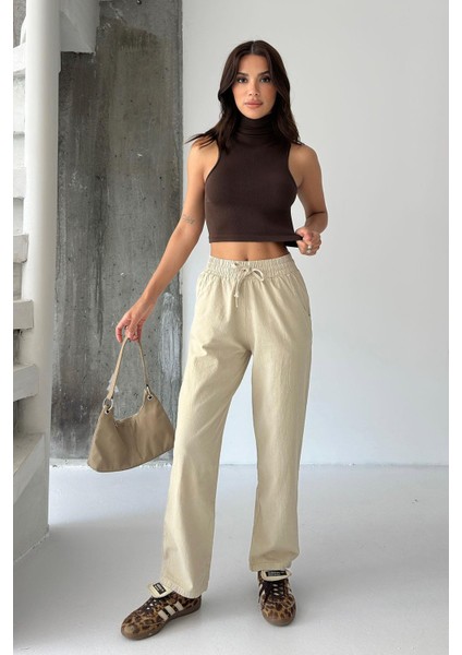 Yüksek Bel Bağcıklı %100 Pamuk Rahat Kalıp Bej Düz Paça Kadın Pantalon fiyatları