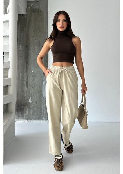 Yüksek Bel Bağcıklı %100 Pamuk Rahat Kalıp Bej Düz Paça Kadın Pantalon modelleri