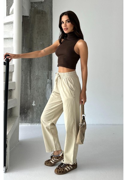 Yüksek Bel Bağcıklı %100 Pamuk Rahat Kalıp Bej Düz Paça Kadın Pantalon fırsatları