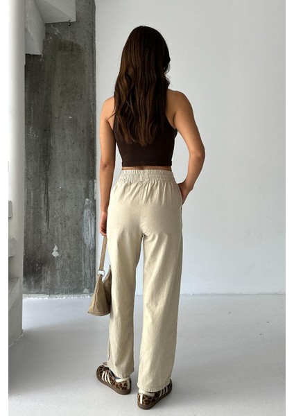 Yüksek Bel Bağcıklı %100 Pamuk Rahat Kalıp Bej Düz Paça Kadın Pantalon indirimleri