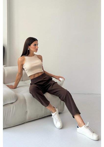 Gabardin Yüksek Bel %100 Pamuk Düz Paça Kahverengi Pantolon fırsatları