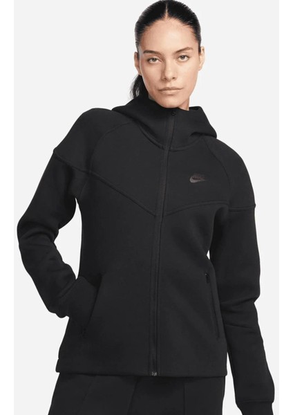 Tech Fleece Windrunner Full-Zip Hoodie Siyah Tam Fermuar Kapüşonlu Kadın Sweatshrit