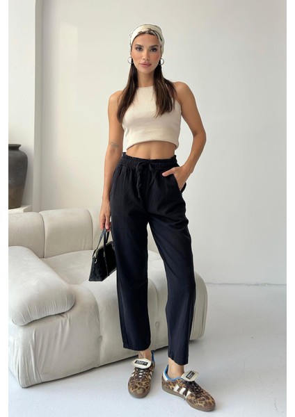 Gabardin %100 Pamuk Rahat Kalıp Siyah Yüksek Bel Düz Paça Kadın Pantolon