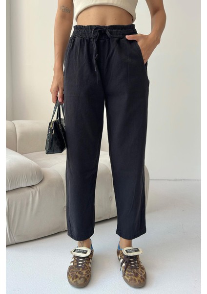 Gabardin %100 Pamuk Rahat Kalıp Siyah Yüksek Bel Düz Paça Kadın Pantolon fiyatları