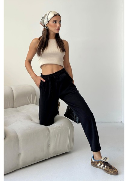 Gabardin %100 Pamuk Rahat Kalıp Siyah Yüksek Bel Düz Paça Kadın Pantolon fırsatları