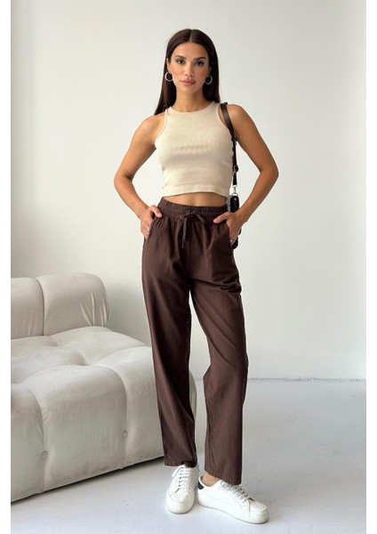 Yüksek Bel Bağcıklı %100 Pamuk Rahat Kalıp Kahverengi Düz Paça Kadın Pantalon