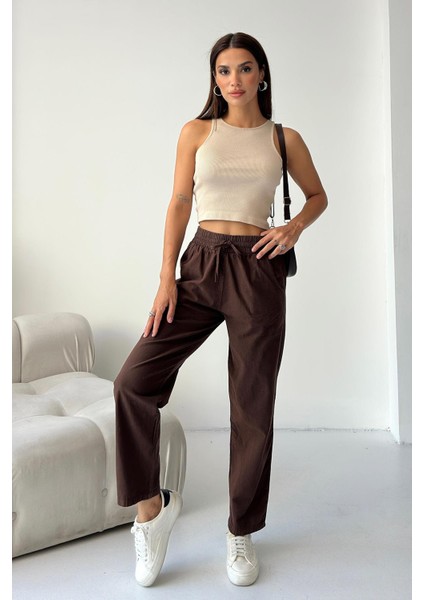 Yüksek Bel Bağcıklı %100 Pamuk Rahat Kalıp Kahverengi Düz Paça Kadın Pantalon fiyatları