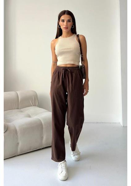 Yüksek Bel Bağcıklı %100 Pamuk Rahat Kalıp Kahverengi Düz Paça Kadın Pantalon modelleri