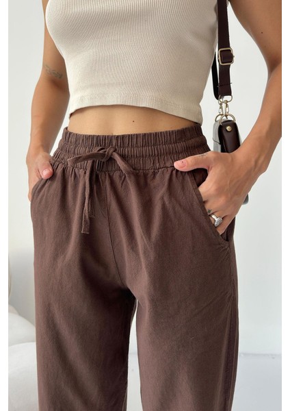 Yüksek Bel Bağcıklı %100 Pamuk Rahat Kalıp Kahverengi Düz Paça Kadın Pantalon fırsatları