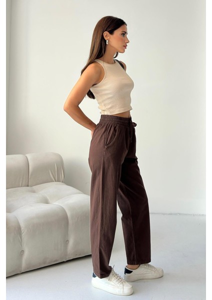 Yüksek Bel Bağcıklı %100 Pamuk Rahat Kalıp Kahverengi Düz Paça Kadın Pantalon indirimleri