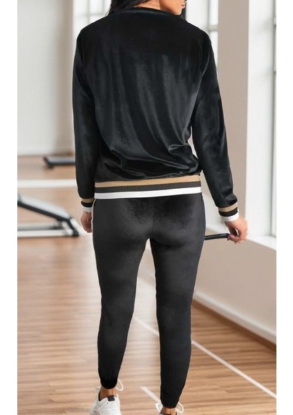 Aknbutik Kadın Uzun Kollu V Yaka Yakası ve Kol Ağzı Şerit Detay Kadife Takım