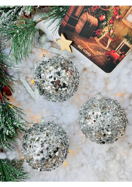 Yılbaşı Çam Ağacı Süsü Gümüş Silver Pullu Top Süs 8 cm 3 Lü Paket Cici Top