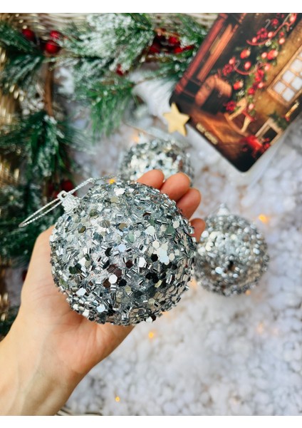 Yılbaşı Çam Ağacı Süsü Gümüş Silver Pullu Top Süs 8 cm 3 Lü Paket Cici Top fiyatları