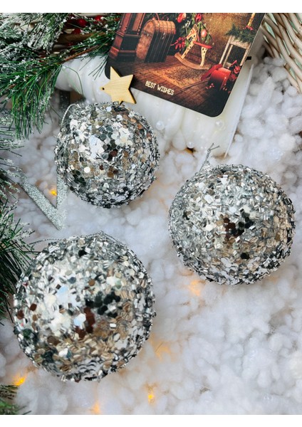Yılbaşı Çam Ağacı Süsü Gümüş Silver Pullu Top Süs 8 cm 3 Lü Paket Cici Top modelleri