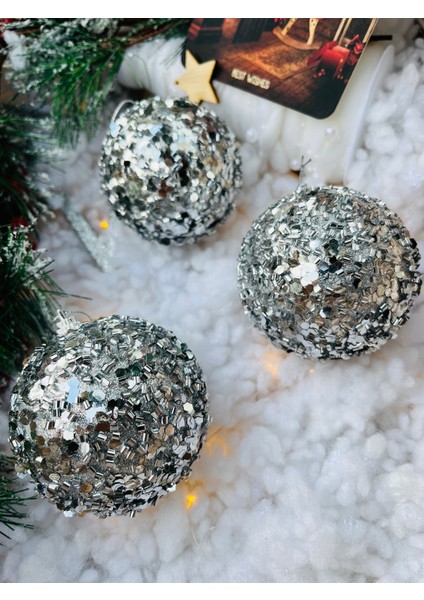 Yılbaşı Çam Ağacı Süsü Gümüş Silver Pullu Top Süs 8 cm 3 Lü Paket Cici Top fırsatları