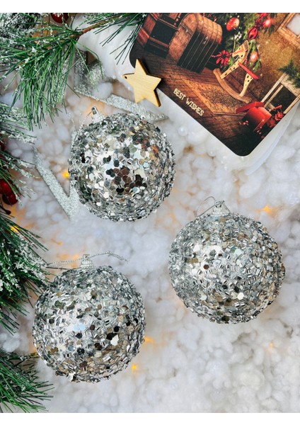 Yılbaşı Çam Ağacı Süsü Gümüş Silver Pullu Top Süs 8 cm 3 Lü Paket Cici Top indirimleri