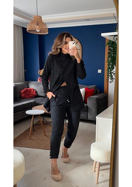 Kadın Uzun Kollu Balıkçı Yaka Önden Düğmeli Bluz ve Pantolon Yumoş Ikili Takım