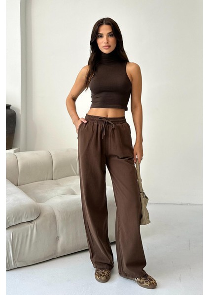 Gabardin %100 Pamuk Yüksel Bel Kahverengi Bol Paça Palazzo Pantolon