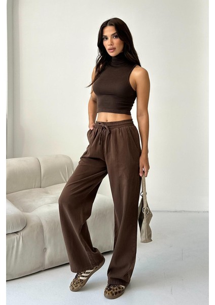 Gabardin %100 Pamuk Yüksel Bel Kahverengi Bol Paça Palazzo Pantolon fiyatları