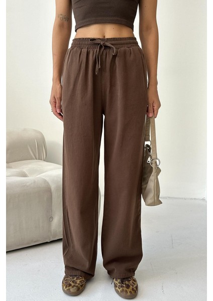 Gabardin %100 Pamuk Yüksel Bel Kahverengi Bol Paça Palazzo Pantolon modelleri