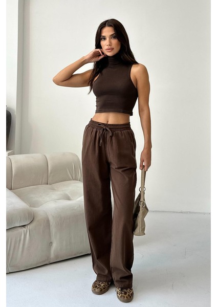 Gabardin %100 Pamuk Yüksel Bel Kahverengi Bol Paça Palazzo Pantolon fırsatları