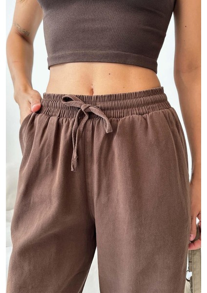 Gabardin %100 Pamuk Yüksel Bel Kahverengi Bol Paça Palazzo Pantolon indirimleri