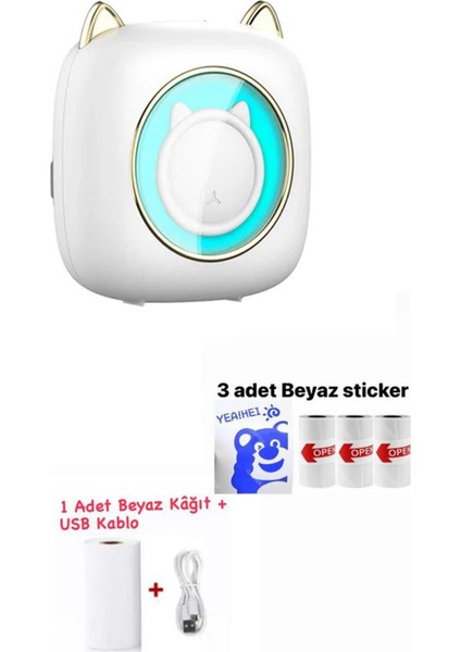 Mini Cep Termal Yazıcı Beyaz Kedili, 3 adet Beyaz Sticker Rulo Hediyeli