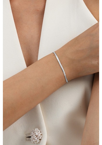 925 Ayar Gümüş Simli Yassı (Ezme) Italyan Gümüş Bileklik SGTL13055RODAJ