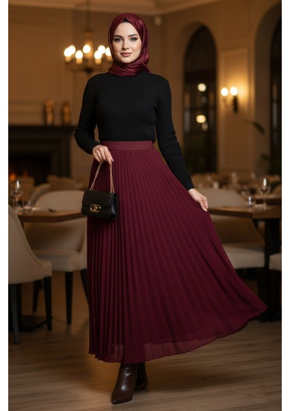 Pileli Bordo Tesettür Etek 92161BR